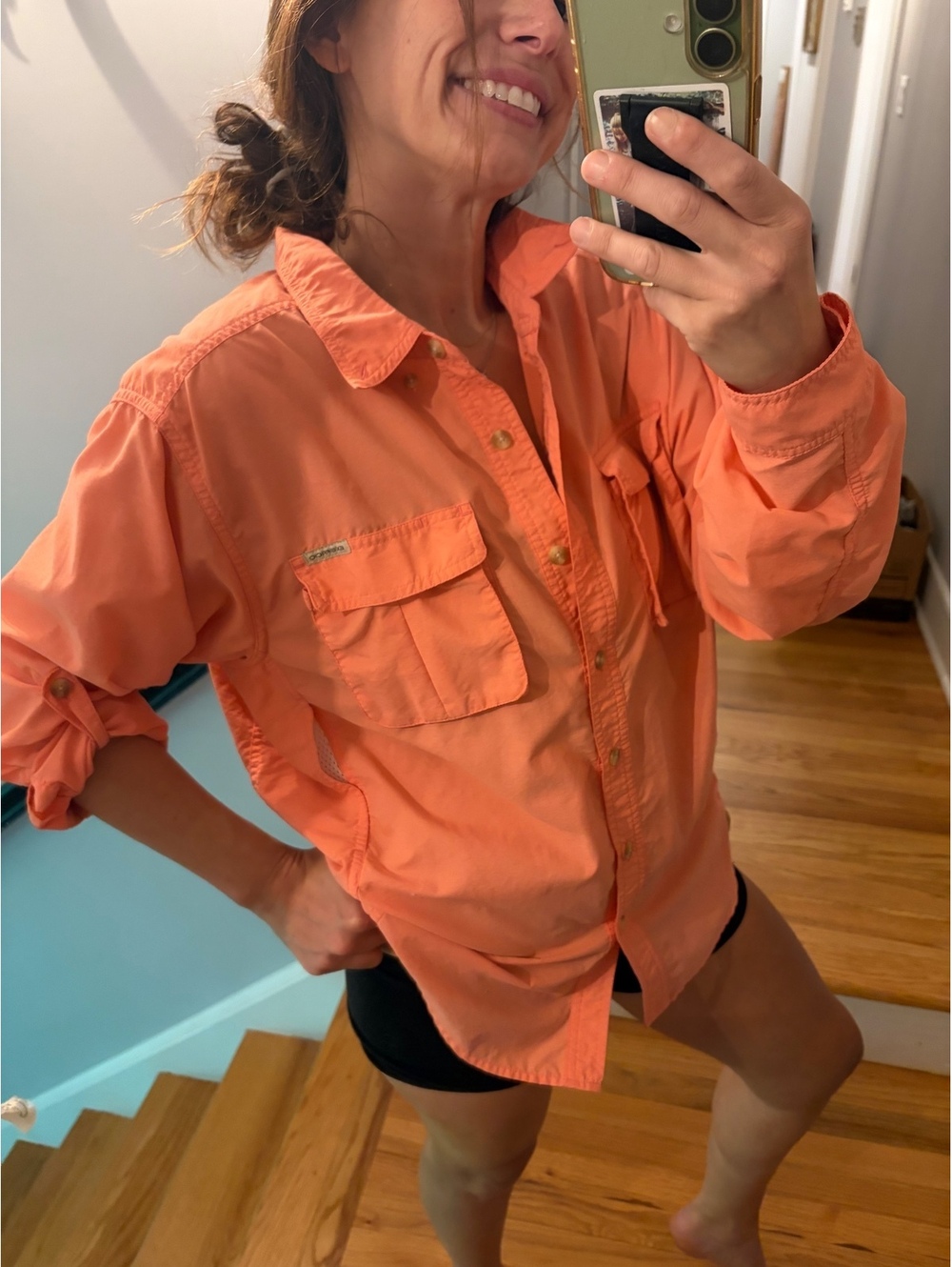 ExOfficio Women’s M Coral Long Sleeve Hiking Travel Shirt Vented Roll Tab